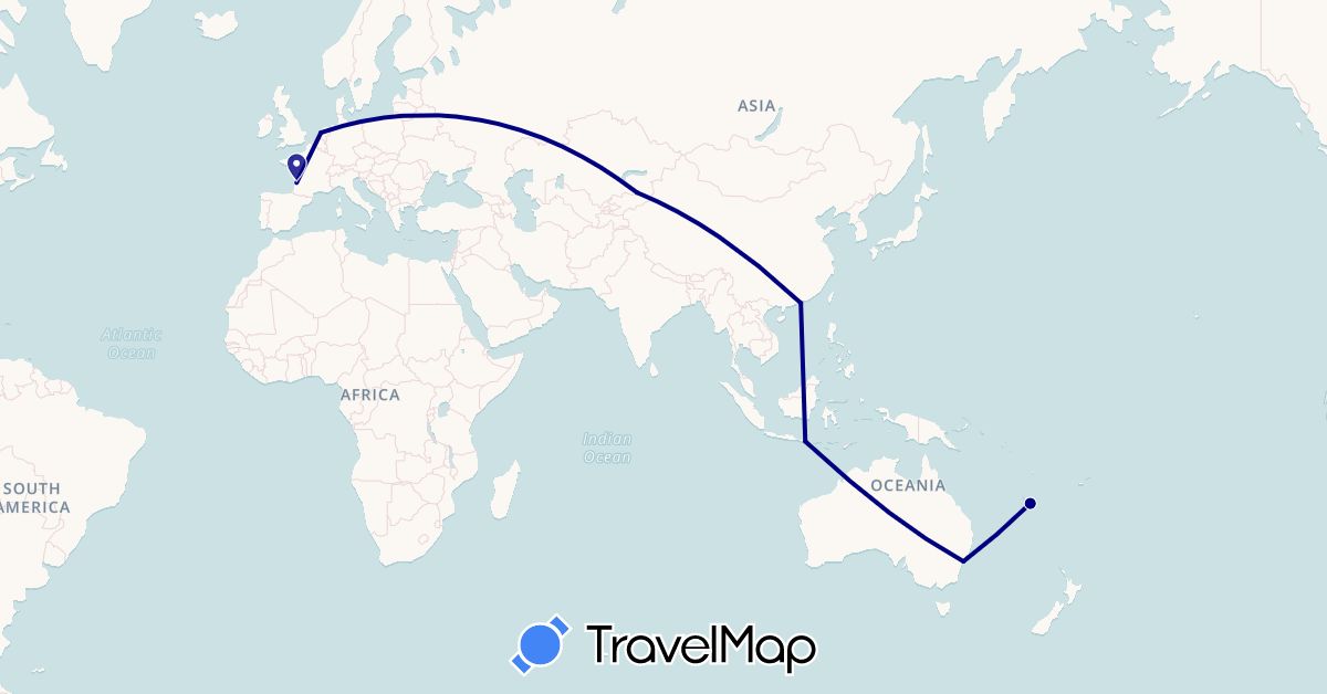 TravelMap itinerary: driving in Australia, France, Hong Kong, Indonesia, Kazakhstan, New Caledonia, Netherlands (Asia, Europe, Oceania)